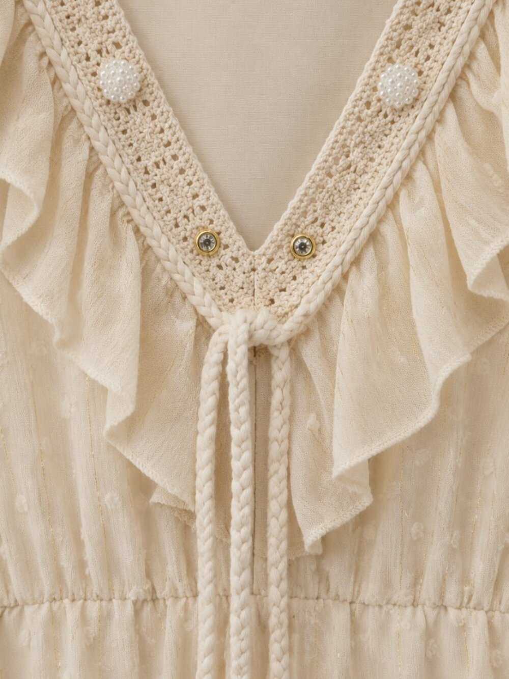 Azara Paris Cream Boho Ruffle Tassel Mini Dress S/M - Picture 4 of 8